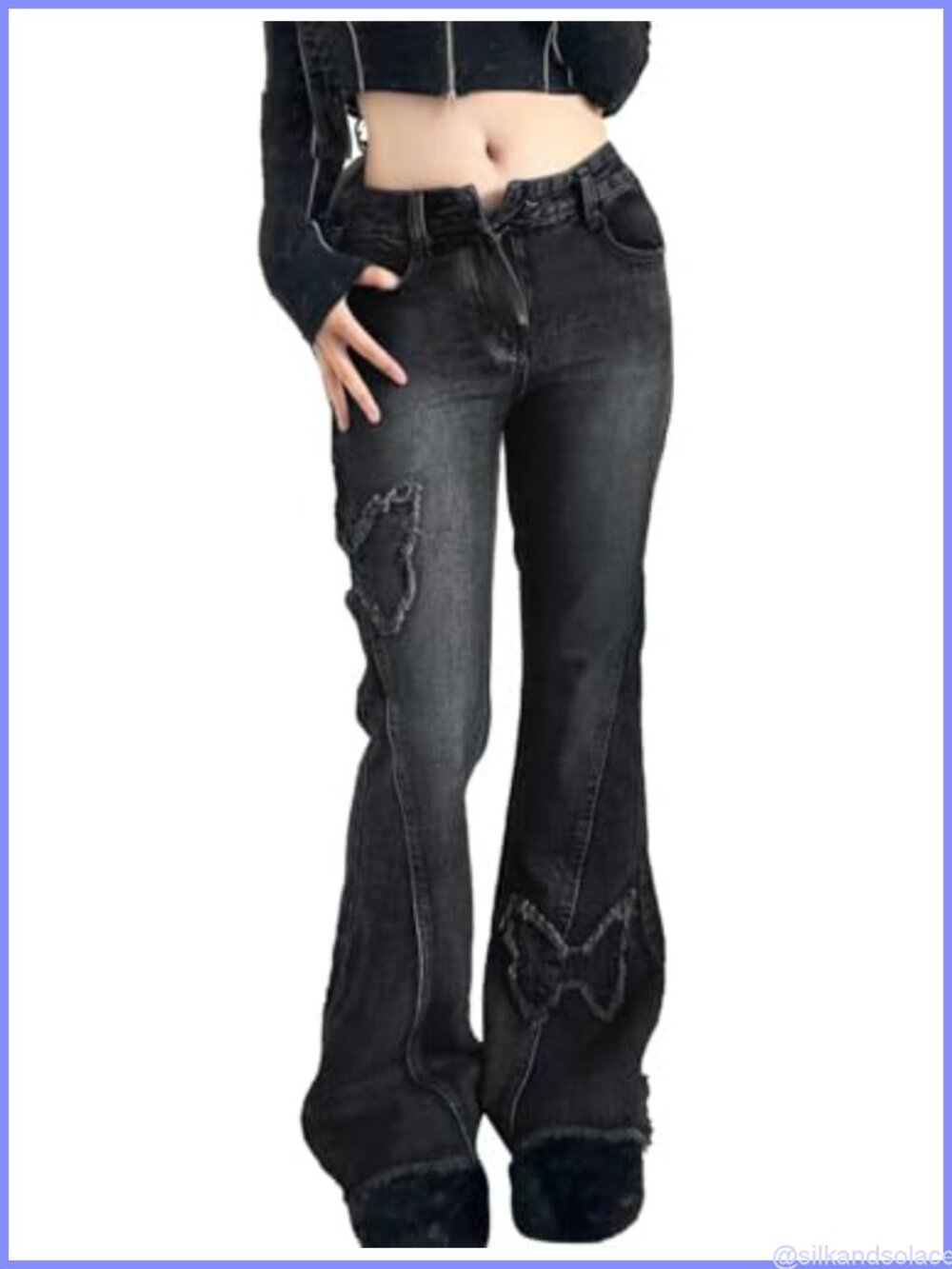 Petite Flare Jeans Low Rise Butterfly Applique Distressed Denim Pants